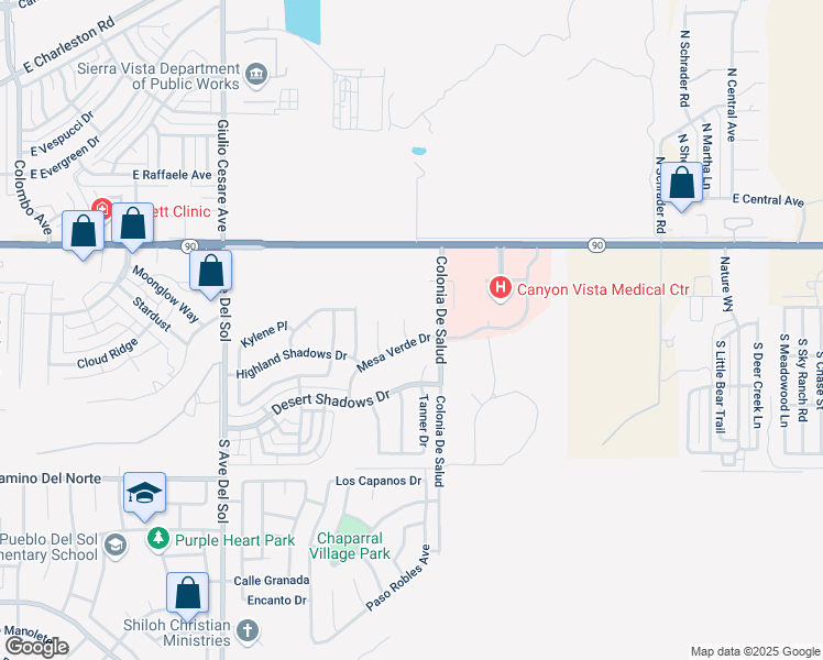 map of restaurants, bars, coffee shops, grocery stores, and more near 100 Colonia De Salud in Sierra Vista