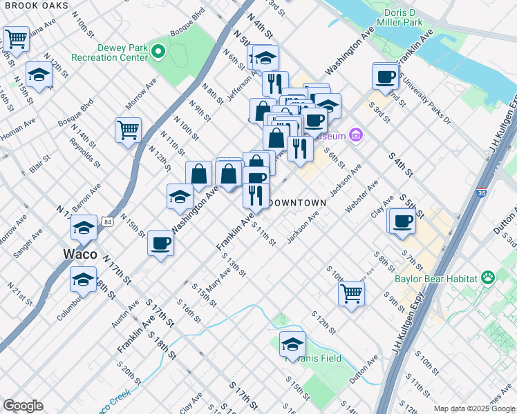 map of restaurants, bars, coffee shops, grocery stores, and more near 924 Austin Avenue in Waco