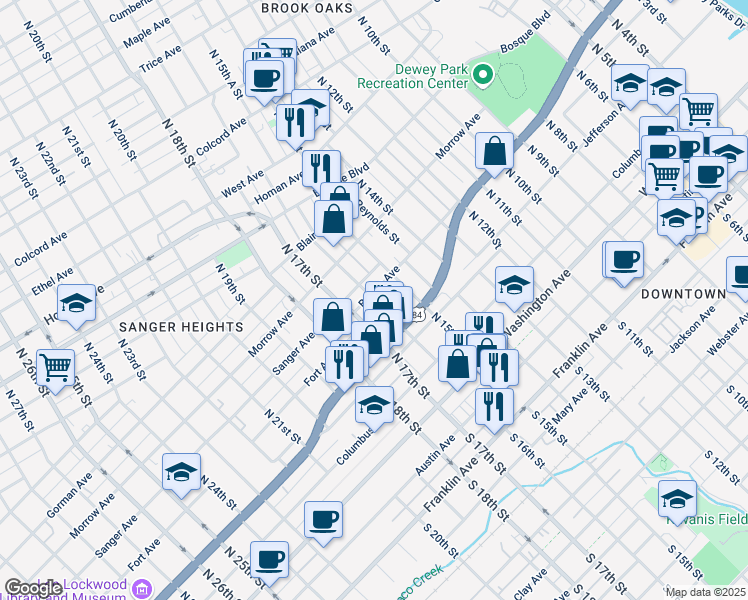 map of restaurants, bars, coffee shops, grocery stores, and more near 612 North 15th Street in Waco