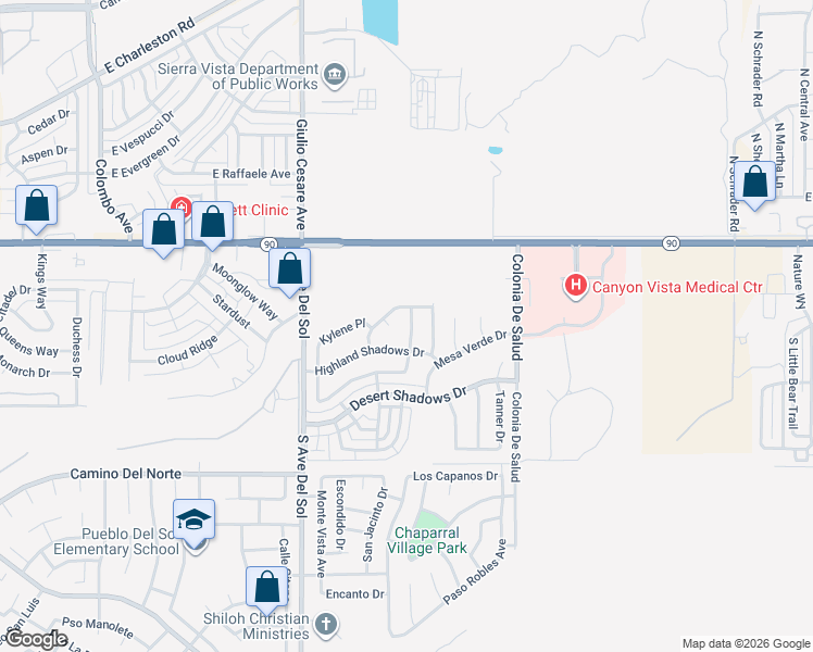 map of restaurants, bars, coffee shops, grocery stores, and more near 5394 Murray Hill Drive in Sierra Vista