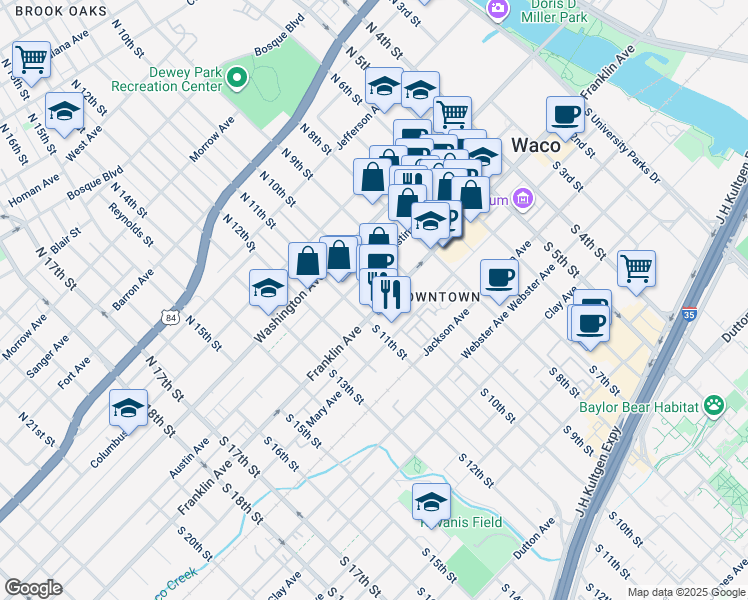 map of restaurants, bars, coffee shops, grocery stores, and more near 924 Austin Avenue in Waco