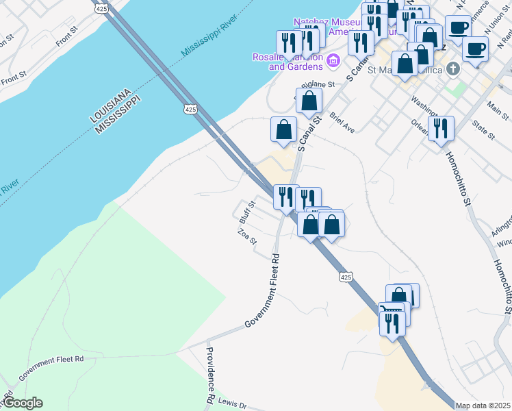 map of restaurants, bars, coffee shops, grocery stores, and more near 21 Irving Lane in Natchez