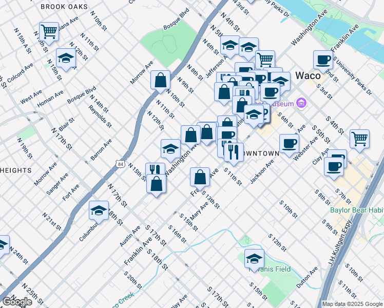 map of restaurants, bars, coffee shops, grocery stores, and more near 1122 Washington Avenue in Waco