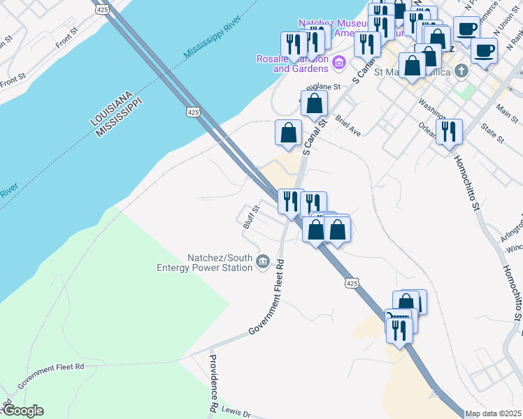 map of restaurants, bars, coffee shops, grocery stores, and more near 21 Irving Lane in Natchez