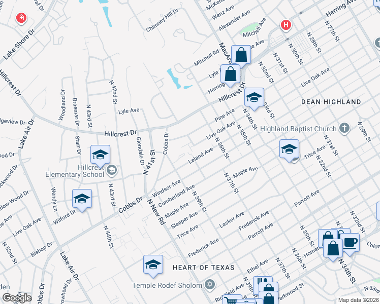 map of restaurants, bars, coffee shops, grocery stores, and more near 2318 Melissa Drive in Waco