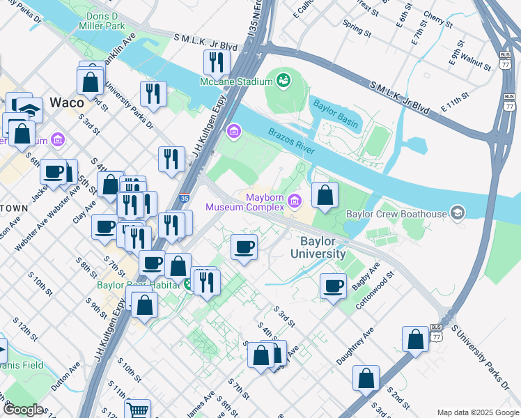 map of restaurants, bars, coffee shops, grocery stores, and more near 1218 South University Parks Drive in Waco