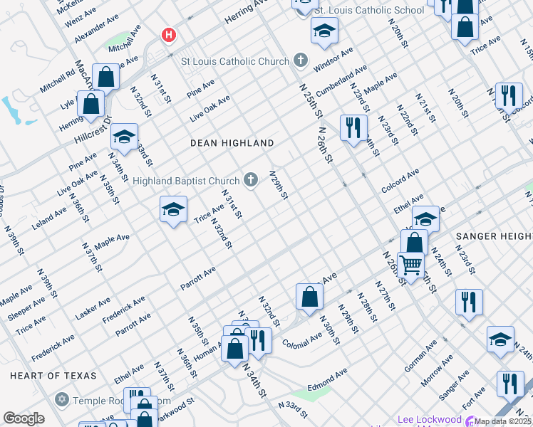 map of restaurants, bars, coffee shops, grocery stores, and more near 2909 Lasker Avenue in Waco