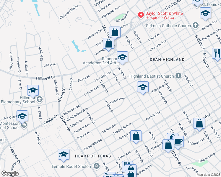 map of restaurants, bars, coffee shops, grocery stores, and more near 3521 Windsor Avenue in Waco