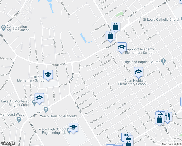 map of restaurants, bars, coffee shops, grocery stores, and more near 2322 Melissa Drive in Waco