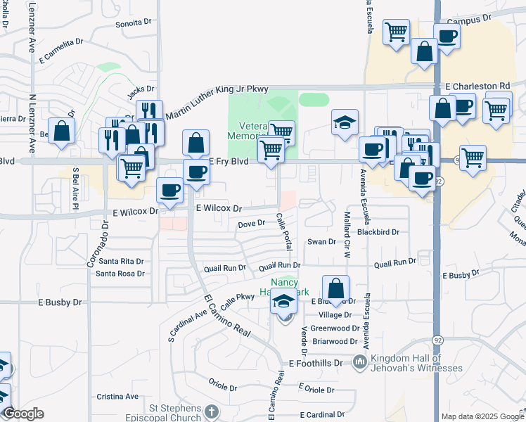 map of restaurants, bars, coffee shops, grocery stores, and more near 3000 East Wilcox Drive in Sierra Vista