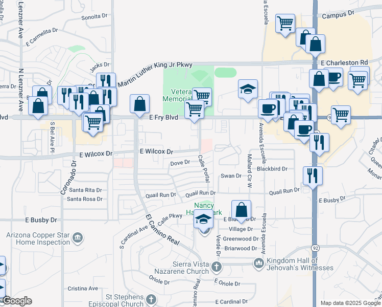 map of restaurants, bars, coffee shops, grocery stores, and more near 3016 East Wilcox Drive in Sierra Vista