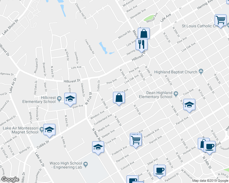 map of restaurants, bars, coffee shops, grocery stores, and more near 2309 Melissa Drive in Waco