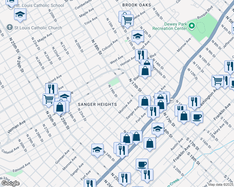 map of restaurants, bars, coffee shops, grocery stores, and more near 1812 Colonial Avenue in Waco