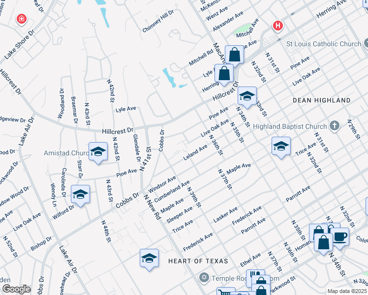 map of restaurants, bars, coffee shops, grocery stores, and more near 3810 Kimberly Drive in Waco