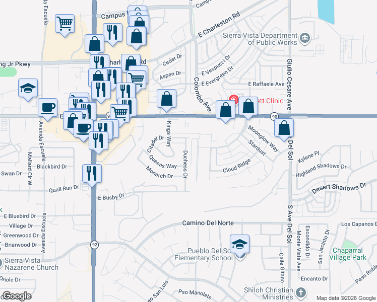 map of restaurants, bars, coffee shops, grocery stores, and more near 260 Duchess Drive in Sierra Vista