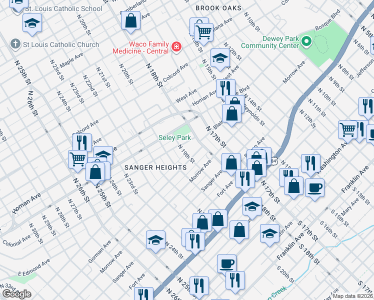 map of restaurants, bars, coffee shops, grocery stores, and more near 1812 Colonial Avenue in Waco