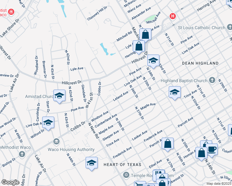 map of restaurants, bars, coffee shops, grocery stores, and more near 3708 Live Oak Avenue in Waco