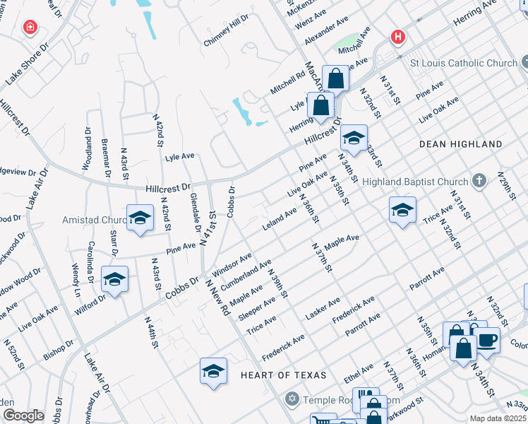 map of restaurants, bars, coffee shops, grocery stores, and more near 3810 Kimberly Drive in Waco