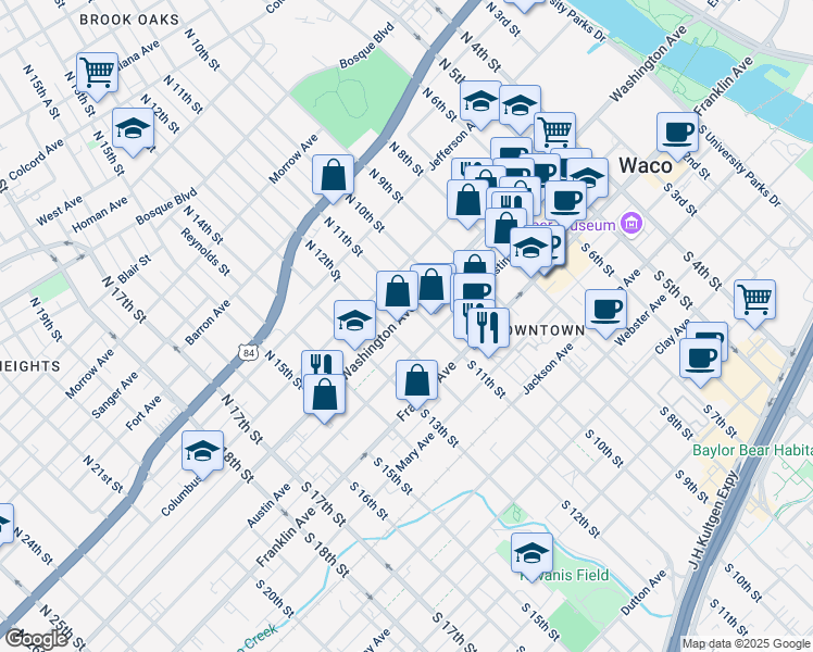 map of restaurants, bars, coffee shops, grocery stores, and more near 1122 Washington Avenue in Waco