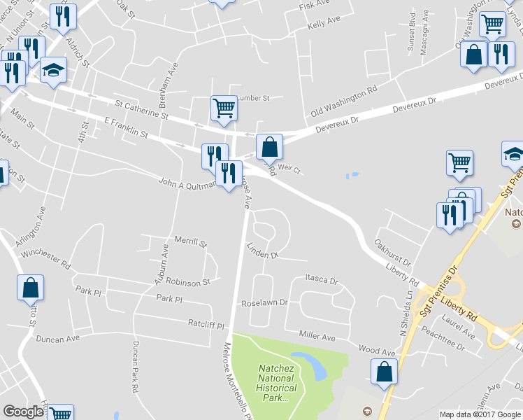 map of restaurants, bars, coffee shops, grocery stores, and more near 1 Linden Place in Natchez