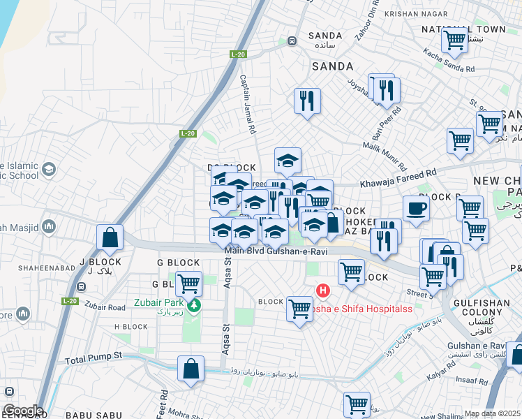 map of restaurants, bars, coffee shops, grocery stores, and more near in Lahore