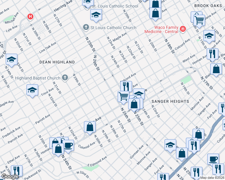 map of restaurants, bars, coffee shops, grocery stores, and more near 2510 Colcord Avenue in Waco