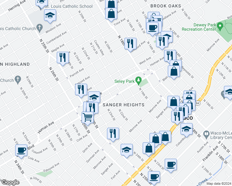 map of restaurants, bars, coffee shops, grocery stores, and more near 2119 Bosque Boulevard in Waco