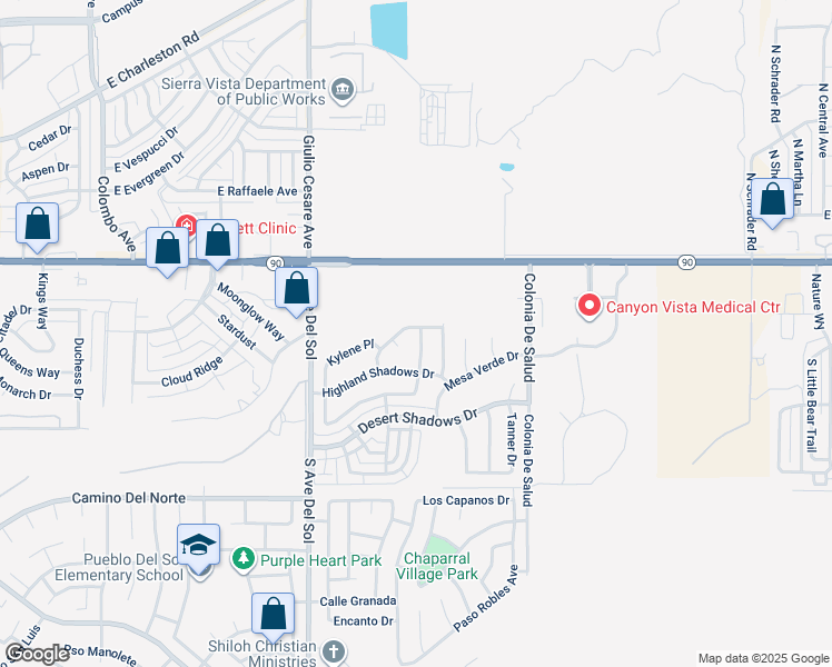 map of restaurants, bars, coffee shops, grocery stores, and more near 5394 Murray Hill Dr in Sierra Vista