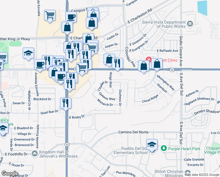 map of restaurants, bars, coffee shops, grocery stores, and more near 264 Kings Way in Sierra Vista