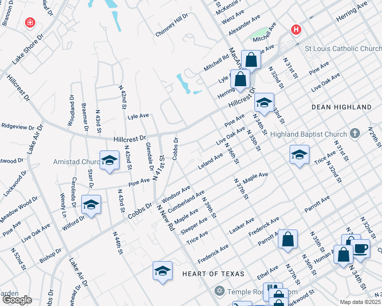 map of restaurants, bars, coffee shops, grocery stores, and more near 3810 Kimberly Drive in Waco