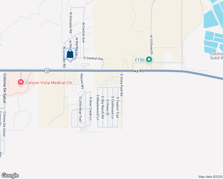 map of restaurants, bars, coffee shops, grocery stores, and more near 232 South Clubhouse Lane in Sierra Vista