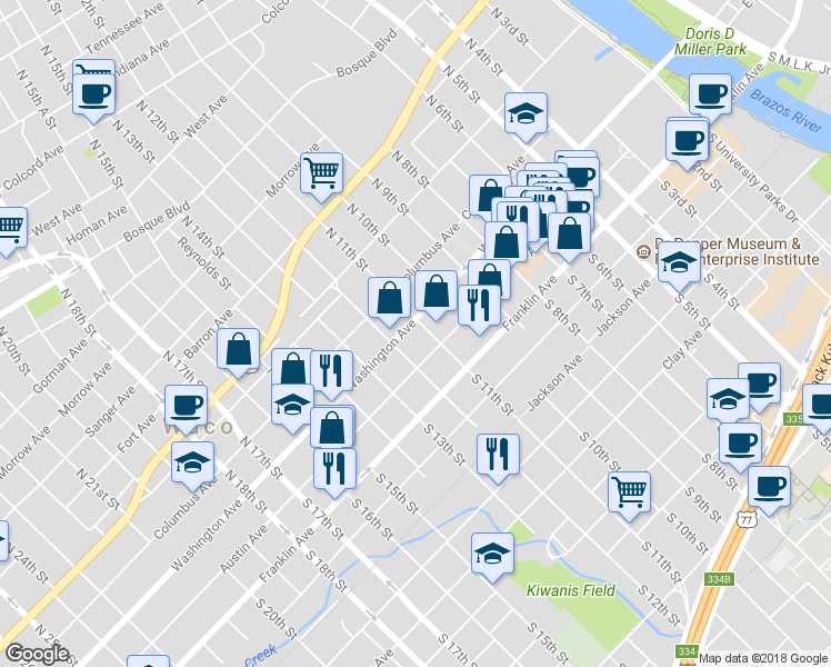 map of restaurants, bars, coffee shops, grocery stores, and more near 1100 Washington Avenue in Waco