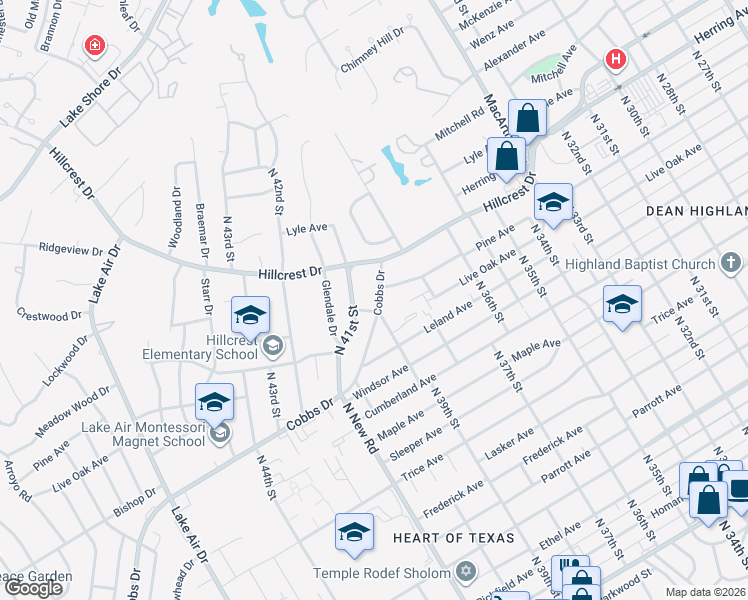 map of restaurants, bars, coffee shops, grocery stores, and more near 3825 Cobbs Drive in Waco