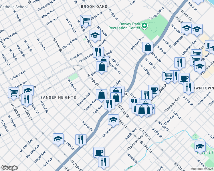 map of restaurants, bars, coffee shops, grocery stores, and more near 702 North 16th Street in Waco