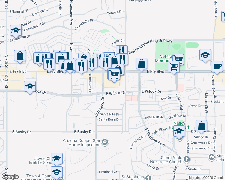 map of restaurants, bars, coffee shops, grocery stores, and more near 2305 East Wilcox Drive in Sierra Vista