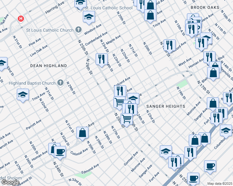 map of restaurants, bars, coffee shops, grocery stores, and more near 2409 Ethel Avenue in Waco