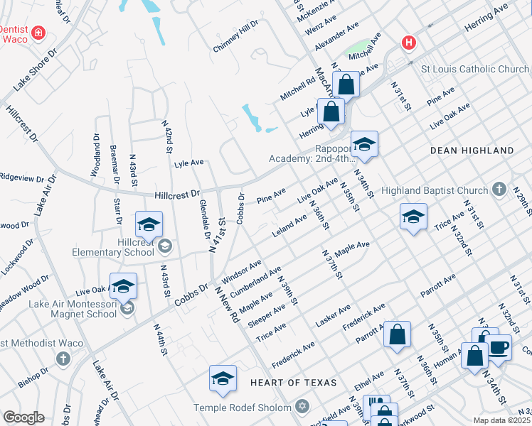 map of restaurants, bars, coffee shops, grocery stores, and more near 3810 Kimberly Drive in Waco