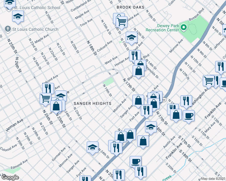map of restaurants, bars, coffee shops, grocery stores, and more near 1812 Colonial Avenue in Waco