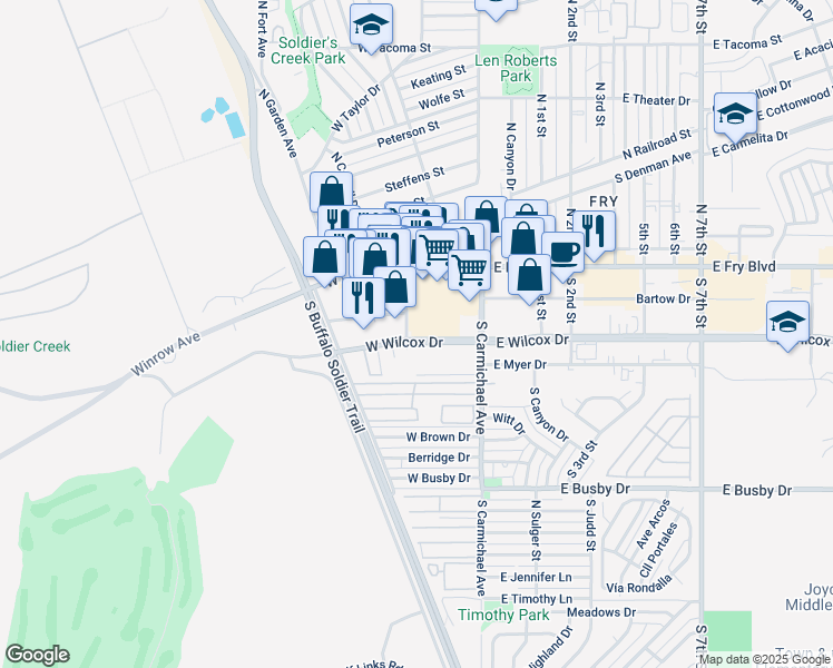 map of restaurants, bars, coffee shops, grocery stores, and more near 333 West Wilcox Drive in Sierra Vista