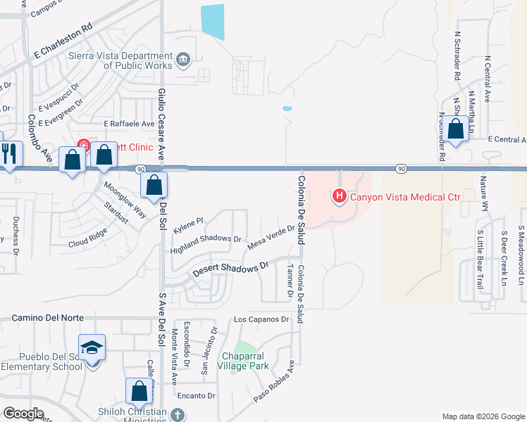 map of restaurants, bars, coffee shops, grocery stores, and more near 203 Desert Trail Drive in Sierra Vista