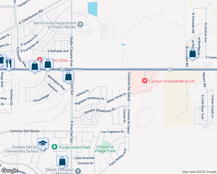 map of restaurants, bars, coffee shops, grocery stores, and more near 203 Desert Trail Drive in Sierra Vista