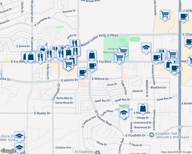 map of restaurants, bars, coffee shops, grocery stores, and more near 2665 East Wilcox Drive in Sierra Vista