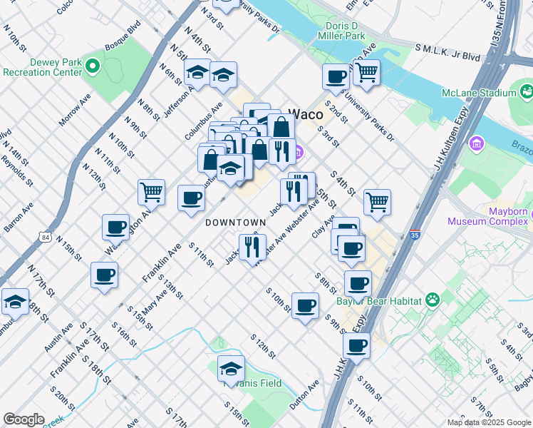 map of restaurants, bars, coffee shops, grocery stores, and more near 715 Jackson Avenue in Waco