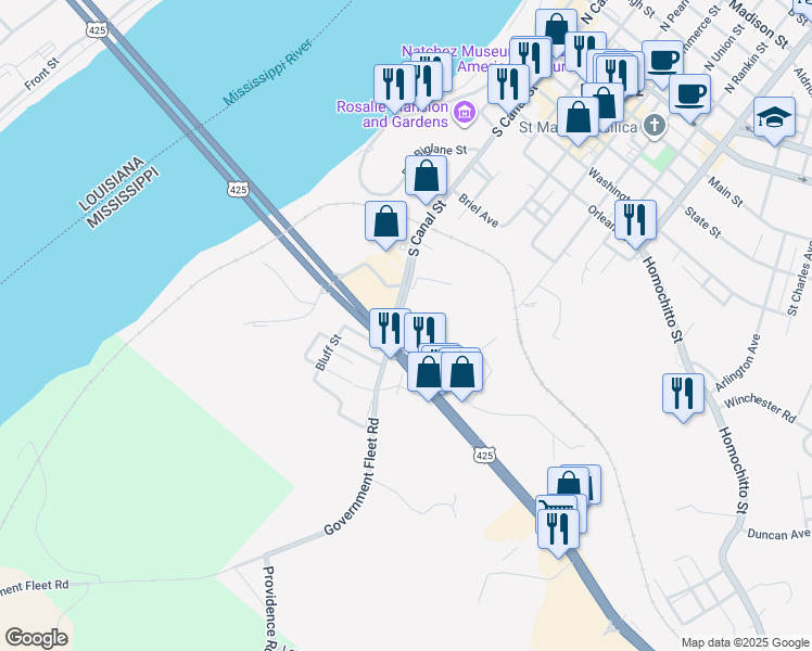 map of restaurants, bars, coffee shops, grocery stores, and more near 657 South Canal Street in Natchez