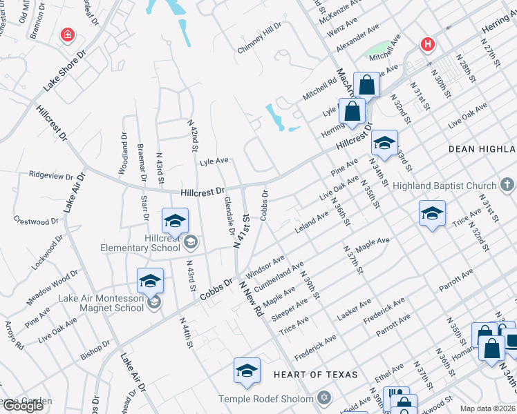map of restaurants, bars, coffee shops, grocery stores, and more near 3825 Cobbs Drive in Waco