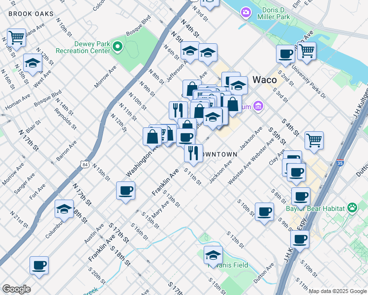 map of restaurants, bars, coffee shops, grocery stores, and more near 924 Austin Avenue in Waco