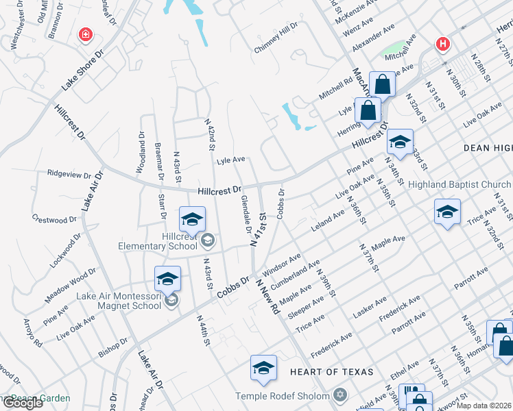 map of restaurants, bars, coffee shops, grocery stores, and more near 2412 North 41st Street in Waco