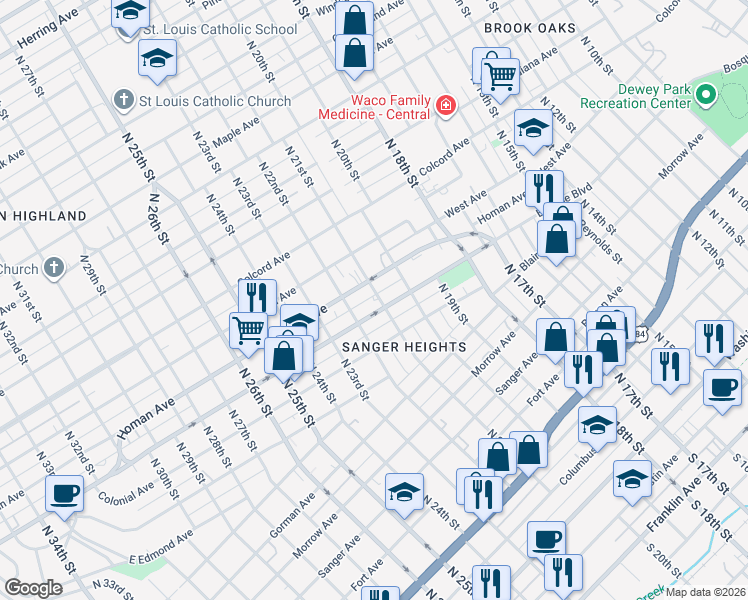 map of restaurants, bars, coffee shops, grocery stores, and more near 2119 Bosque Boulevard in Waco