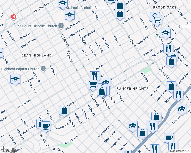 map of restaurants, bars, coffee shops, grocery stores, and more near 2409 Ethel Ave in Waco