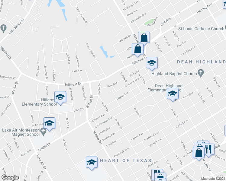 map of restaurants, bars, coffee shops, grocery stores, and more near 3811 Kimberly Drive in Waco